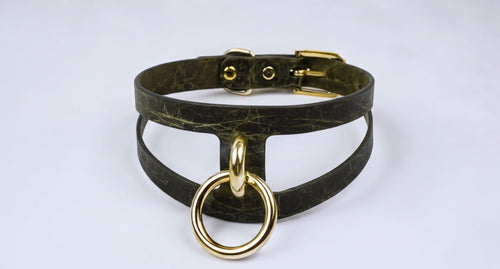 Collier BDSM en cuir marbré olive | Collier de jour de luxe | Ras-de-cou avec anneau en O