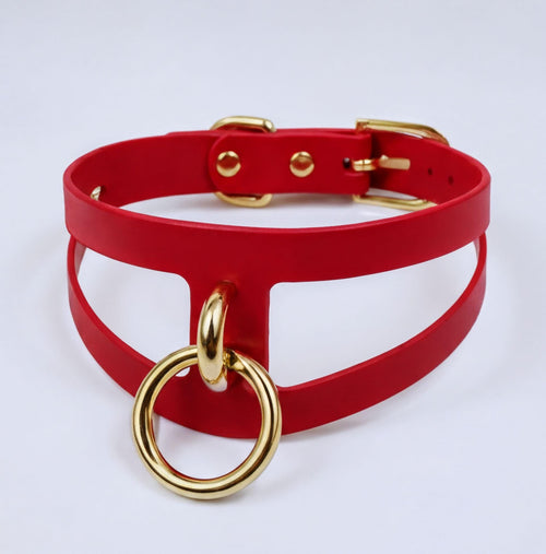Collier BDSM en cuir marbré olive | Collier de jour de luxe | Ras-de-cou avec anneau en O